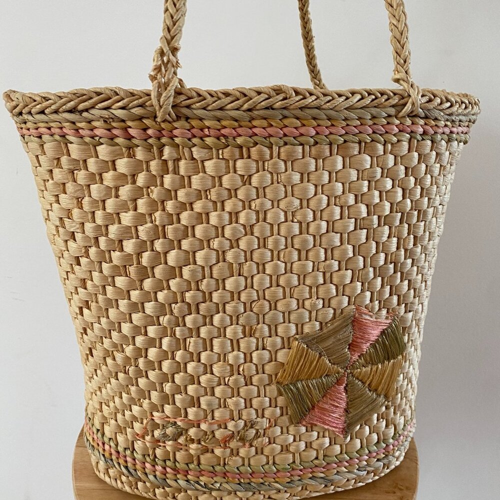 Vintage Straw Weave Woven Picnic Basket Tote Bag